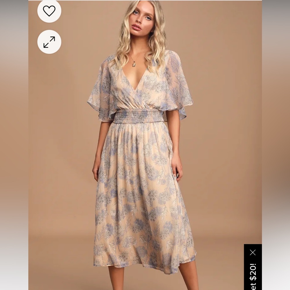 LuLus subtle romance Beige Floral Print Ruffled Midi Dress